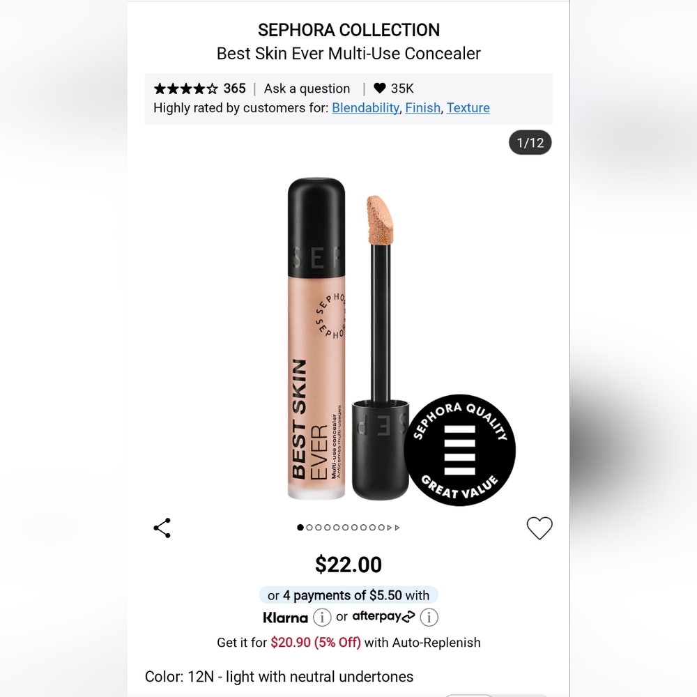 Sephora Collection Best Skin Ever Multi-Use Concealer - Shade 12N